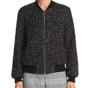 Alice + Olivia Black Bouclé Bomber Jacket with Silver Threads